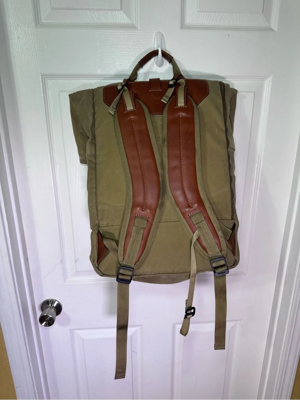 Roll-Top Canvas Backpack for Men — Khaki with Brown Trim